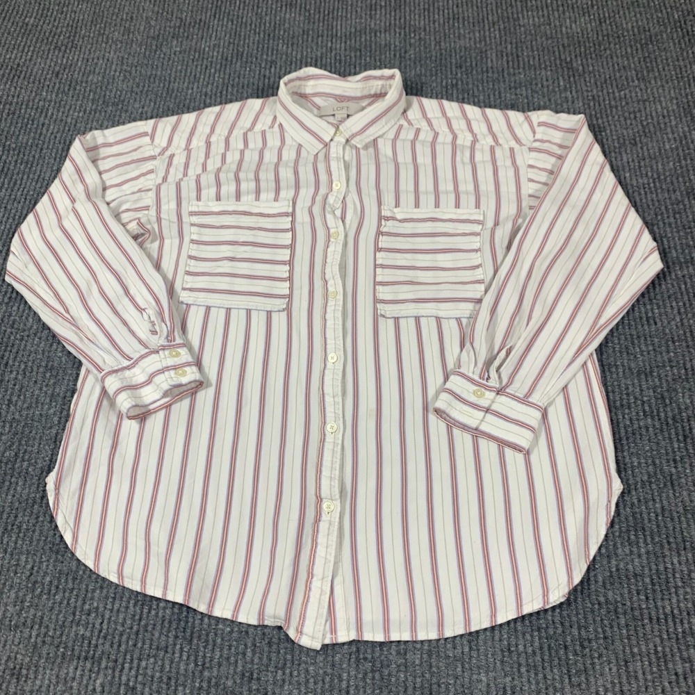 Loft Top Women's Large White‎ Stripe Button Up Shirt Pockets Long Sleeve Stretch